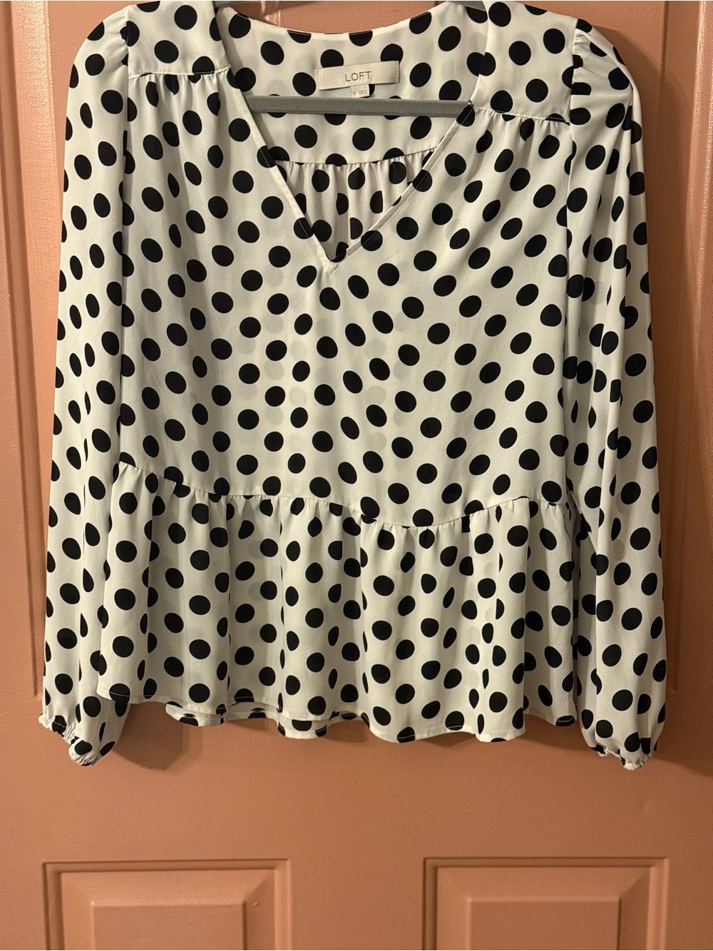 LOFT White and Black Polka Dot Peplum Blouse